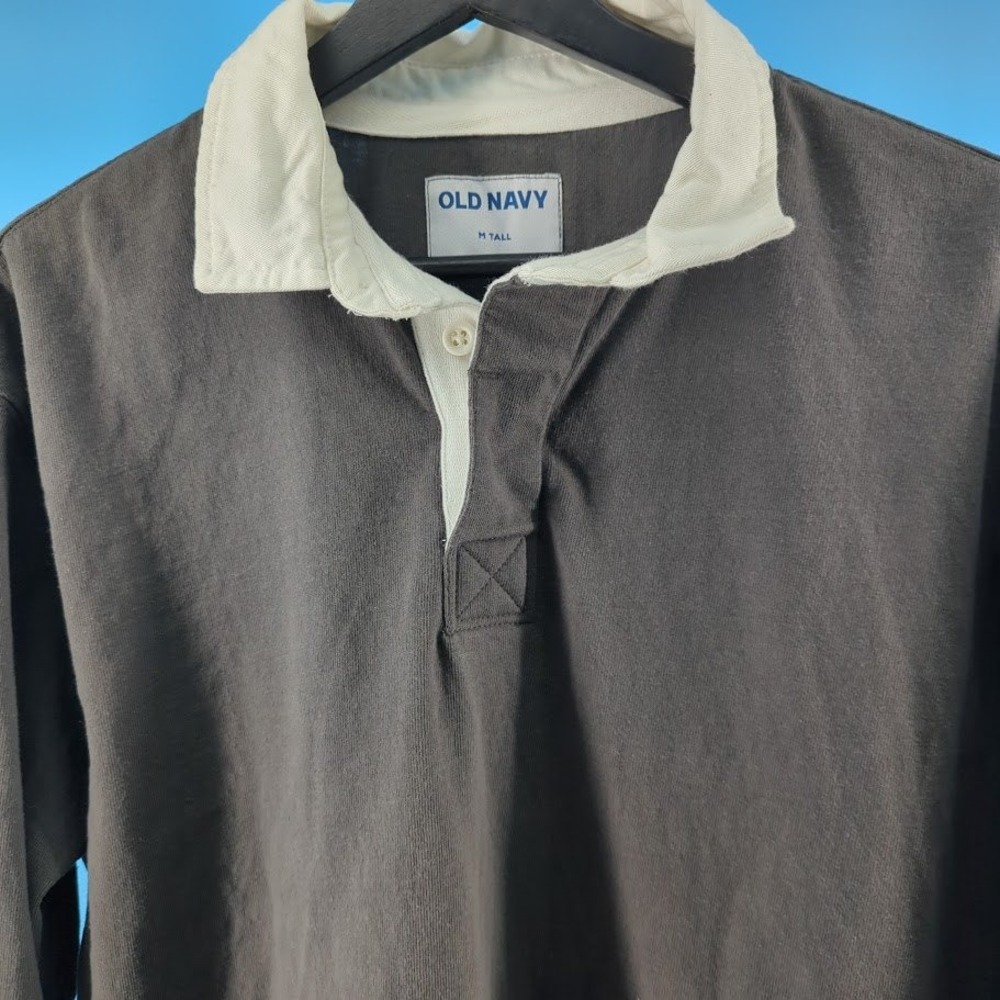 Old Navy Mens Gray Long Sleeve Rugby Shirt White Collar Medium Tall MT - Picture 5 of 11